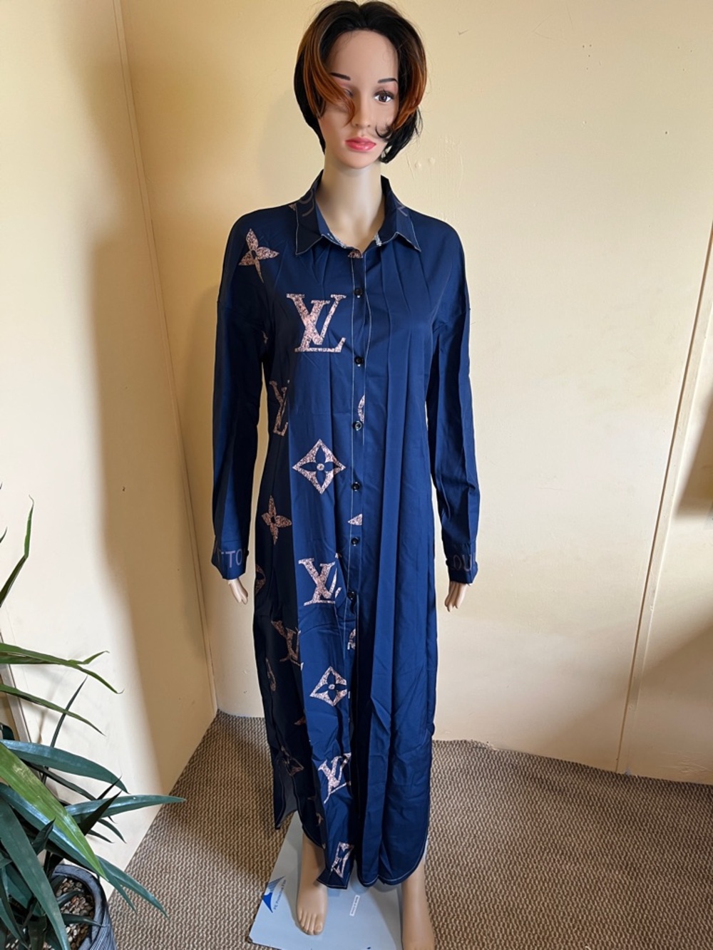 Louis Vuitton Navy Maxi Button-Down Monogram Shirt Dress